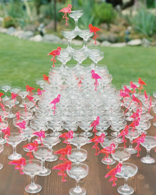 Multi tiered Chamagne Tower with pink flamingo drinks decorations