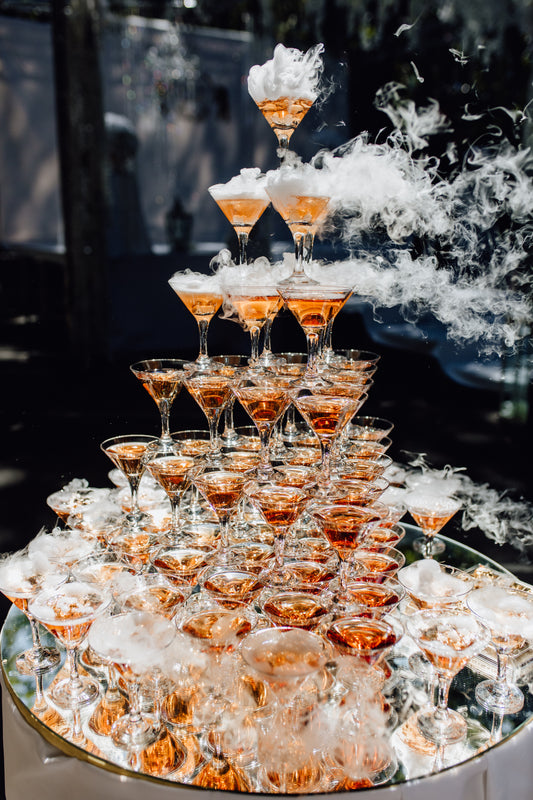 6-tier Champagne Tower smoking with dry ice